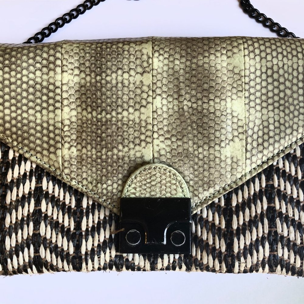 Leather and Raffia Loeffler Randall Clutch Purse